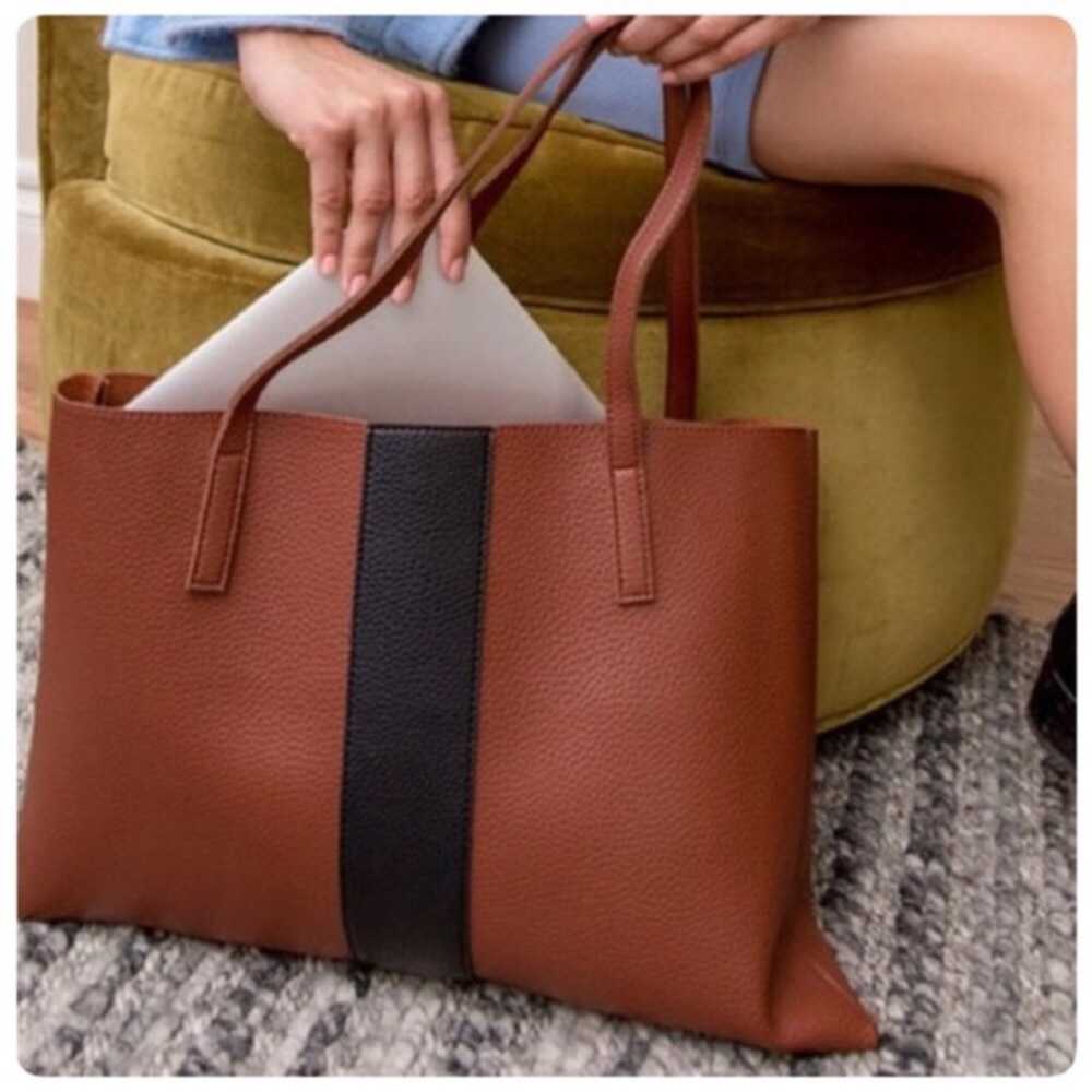 Vince Camuto Luck Tote Bag Brown Vegan Pebbled Leather With a Black Stripe